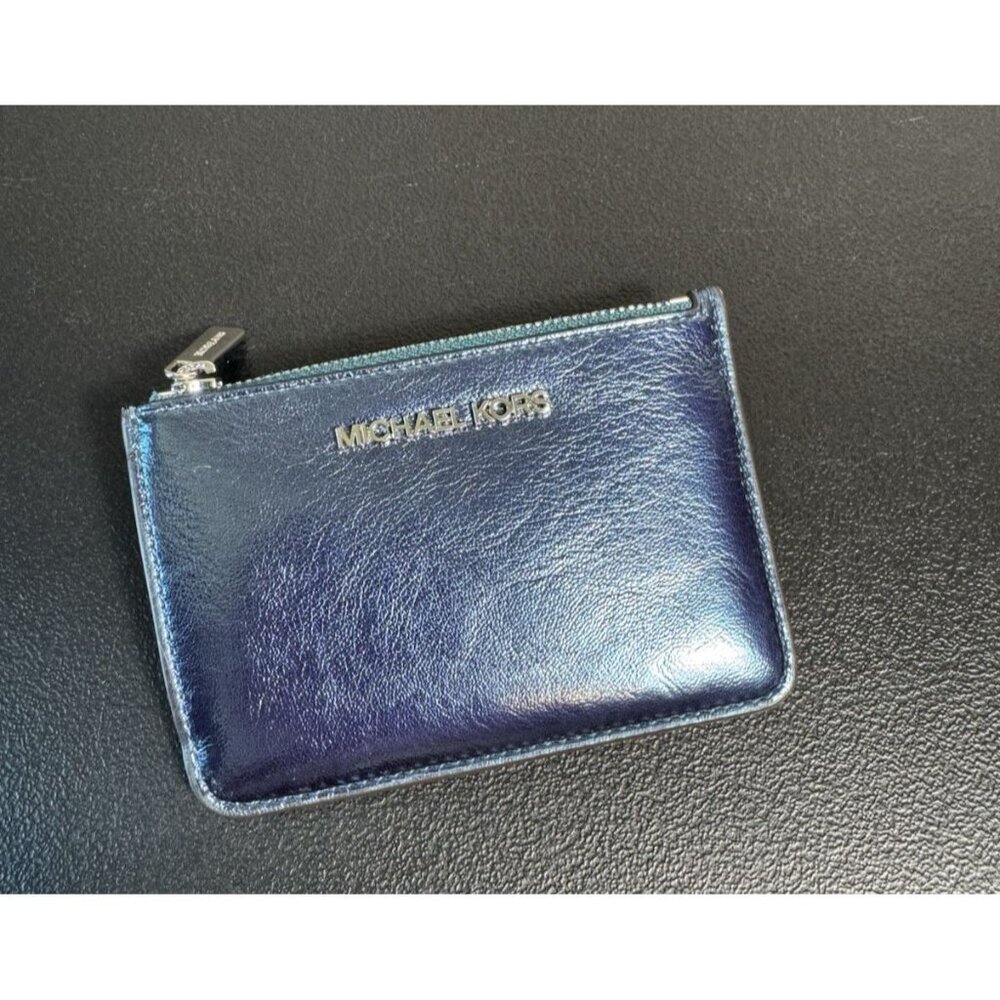 Michael Kors Jet Set Blue Metallic Leather Card Holder Zipper Pouch‎ Key Ring